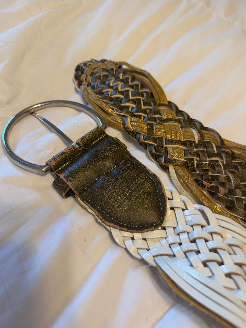 Y2K Vintage Oversized Braided Leather Belt ~ Brown and Gold with Silver Buckle